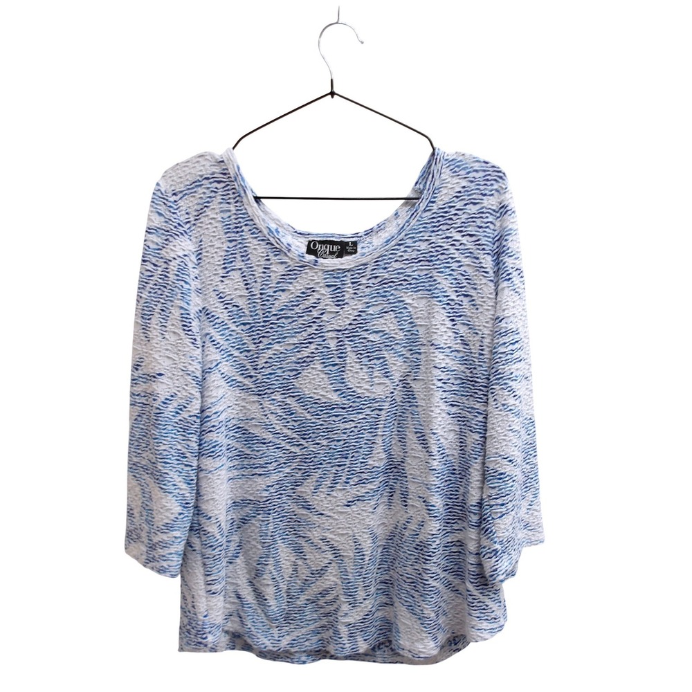 Onque Casual Top Blue White Abstract Stripe Stretch Knit Blouse Large /#26376